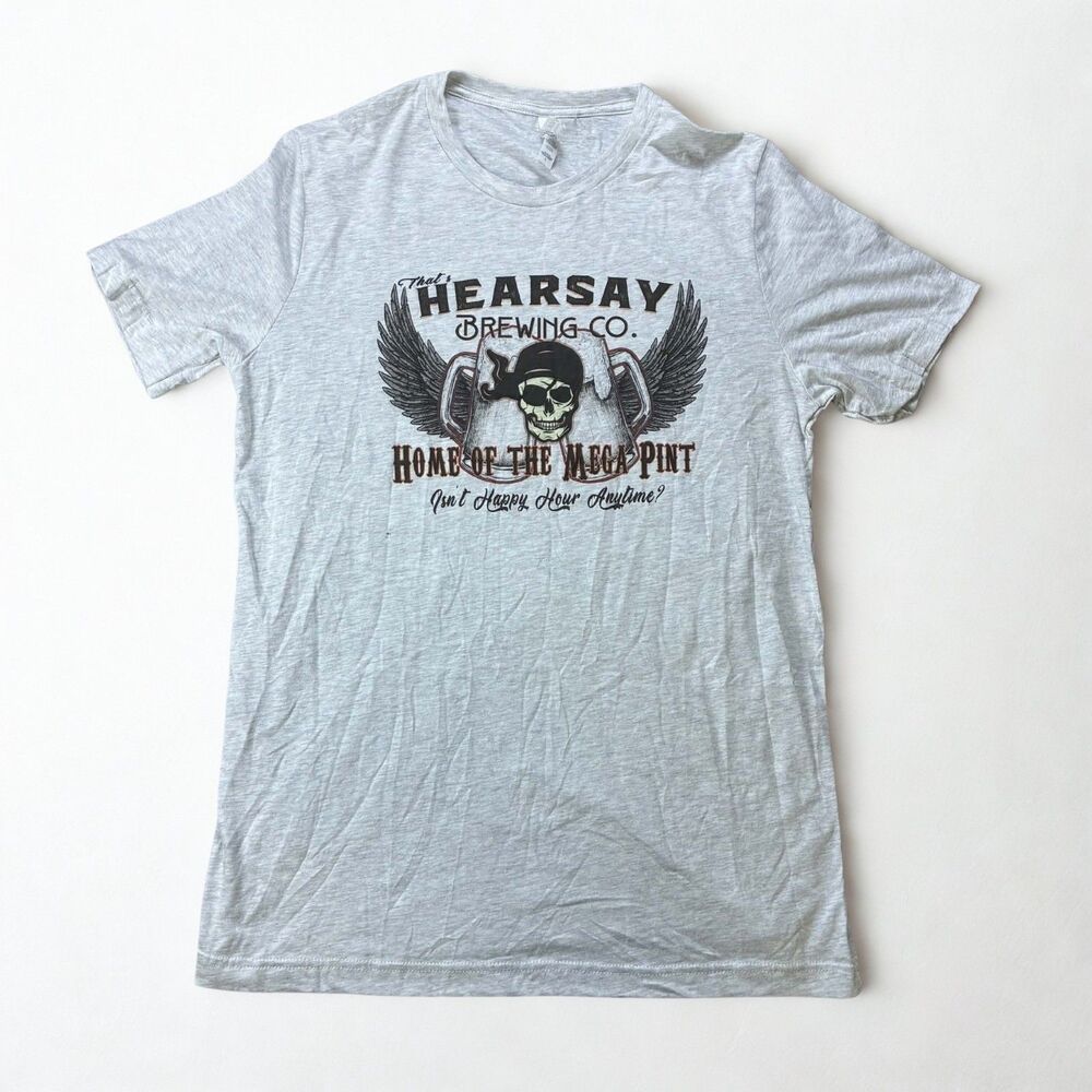 Hearsay Brewing Co T Shirt Mens L Mega Pint Pirate Skull Beer Graphic Gray NWOT